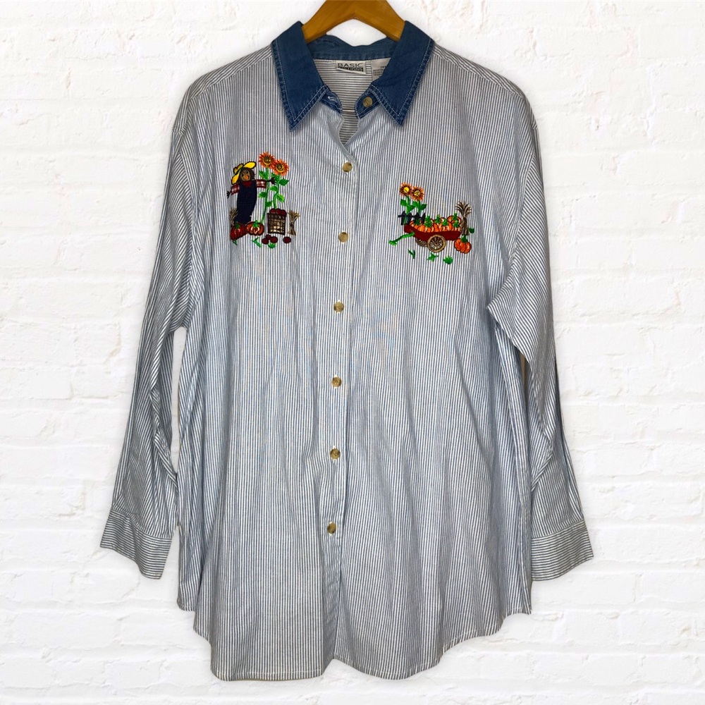 Basic Editions Fall Harvest button down top Size 20W Railroad Stripes Pumpkins